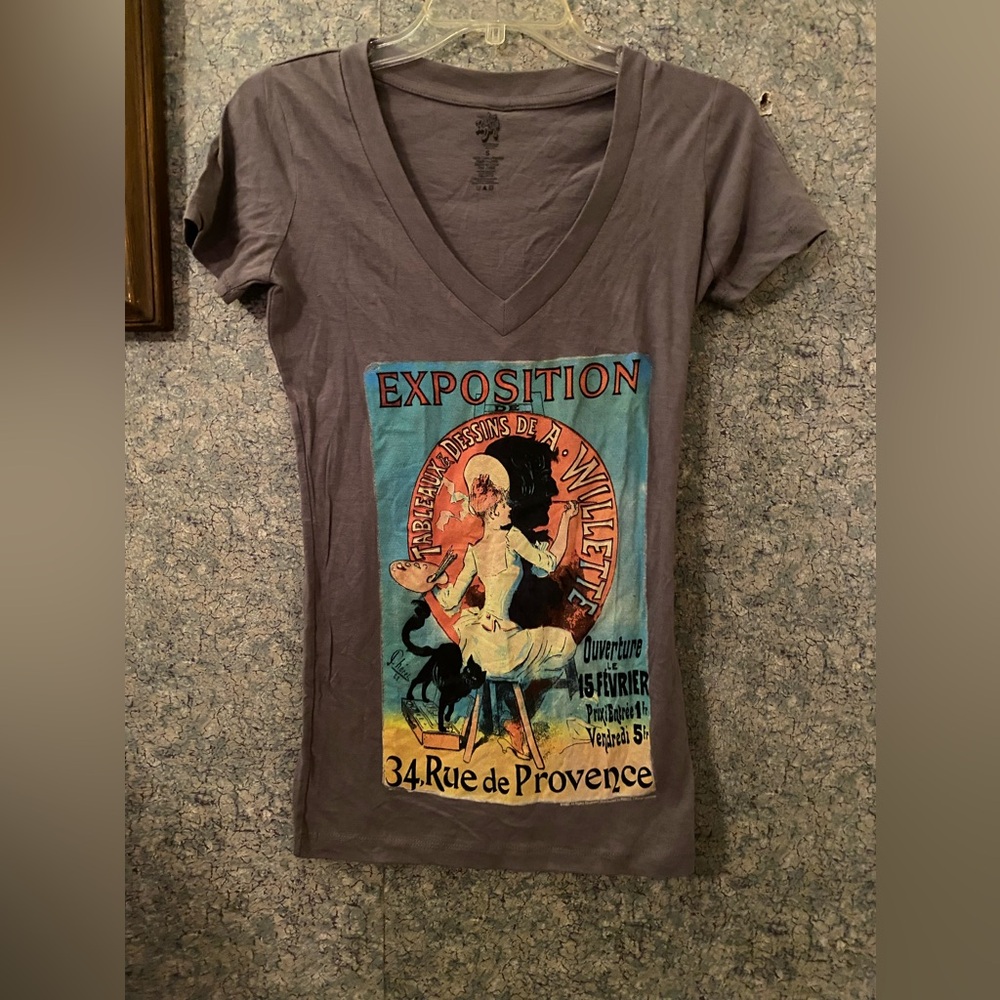 NWOT pExposition art nouveau Gray Graphic V-Neck tee French sz S radio days